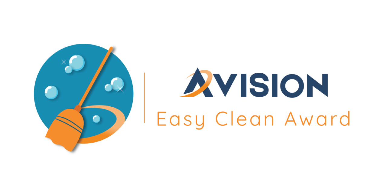 Avision Easy Clean Award logo with broom illustration, celebrating innovation in award-winning cleaning tips.