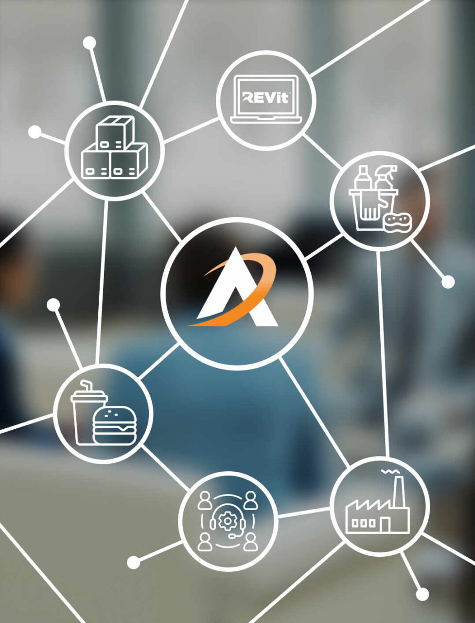 Network of icons showing connections among manufacturers, distributors, and end users, emphasizing growth.