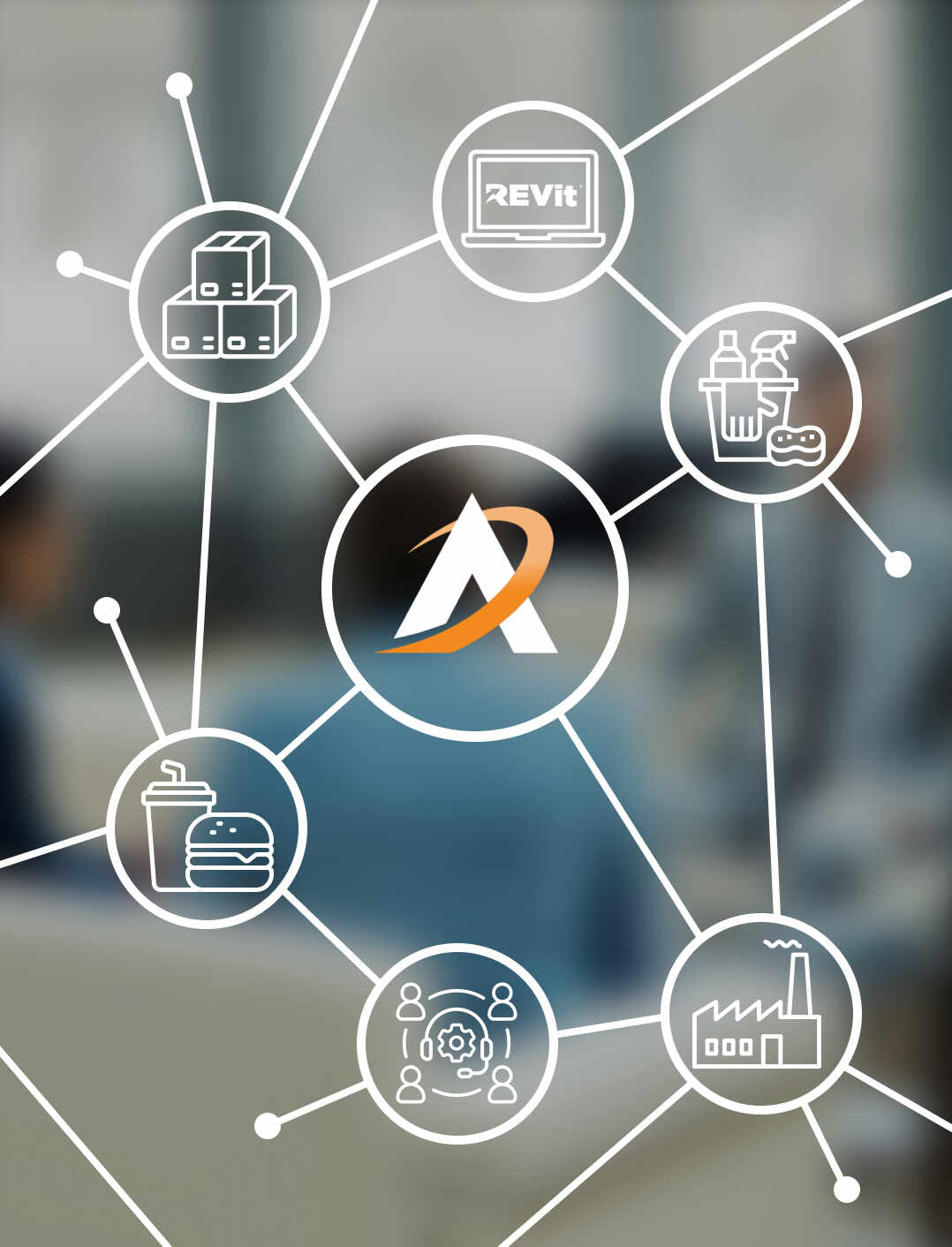 Network of icons showing connections among manufacturers, distributors, and end users, emphasizing growth.