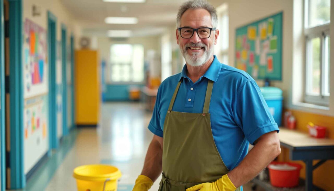 Janitorial expert smiling in a school hallway, showcasing access to trusted janitorial solutions through our network.