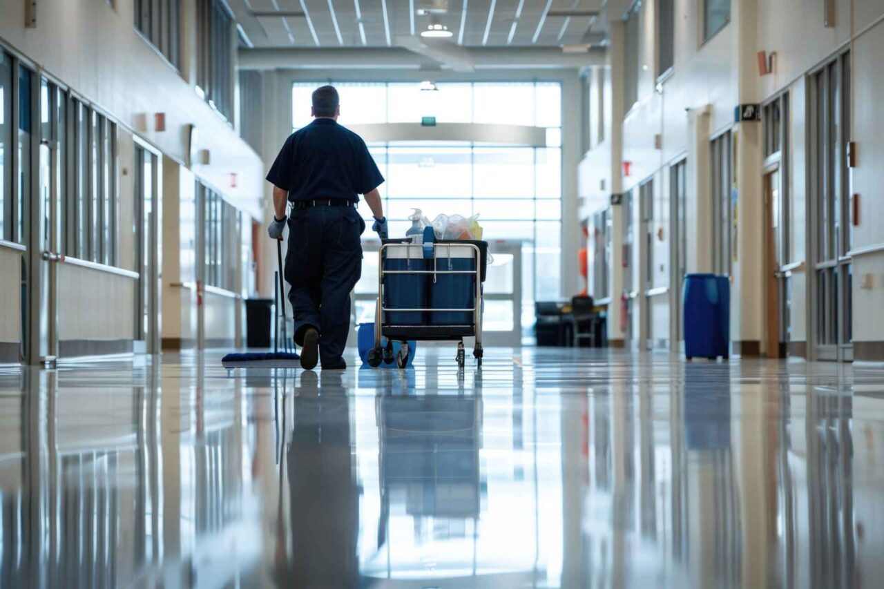 Custodian with cleaning cart maintaining a shiny hallway, highlighting trusted janitorial solutions through our local experts.