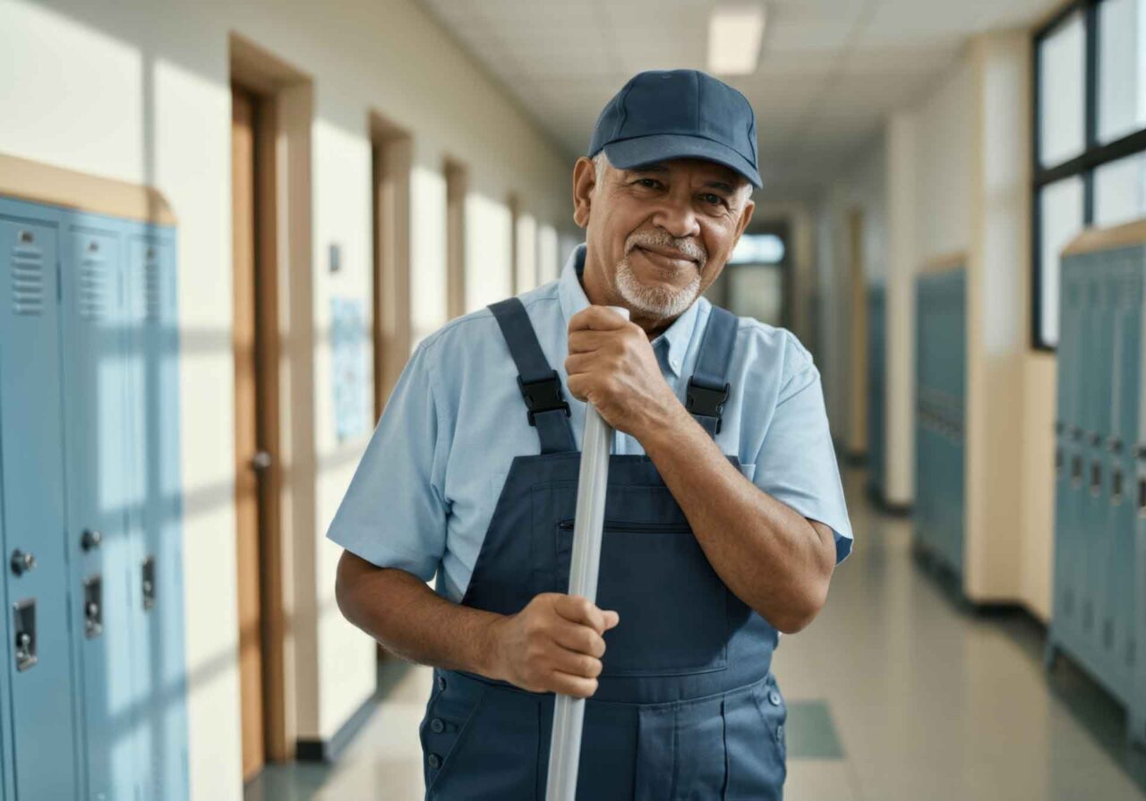 Janitor in blue uniform stands in well-lit hallway, representing access to trusted janitorial solutions through our network.