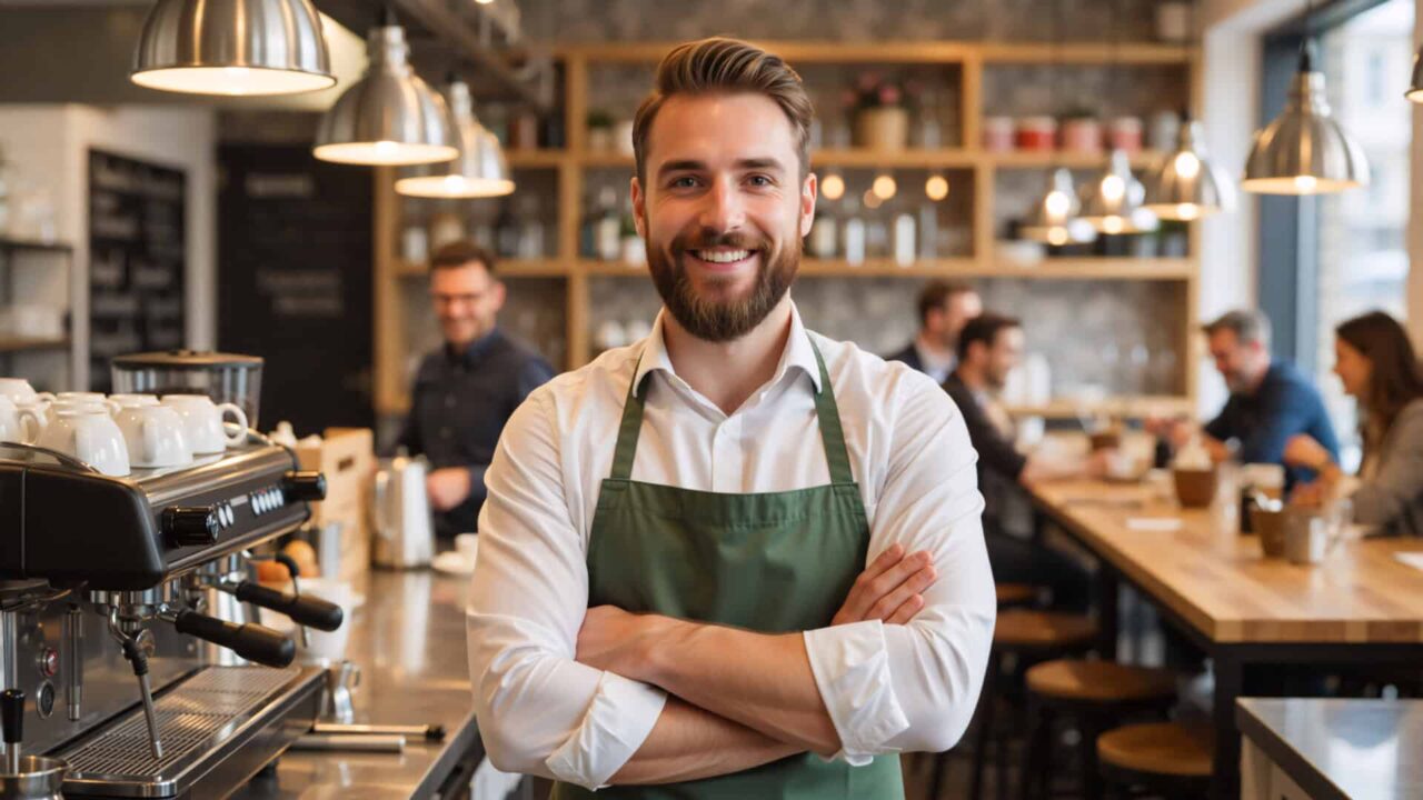 Barista smiling in a cafe, showcasing trusted disposable food service supplies through our network of local experts.